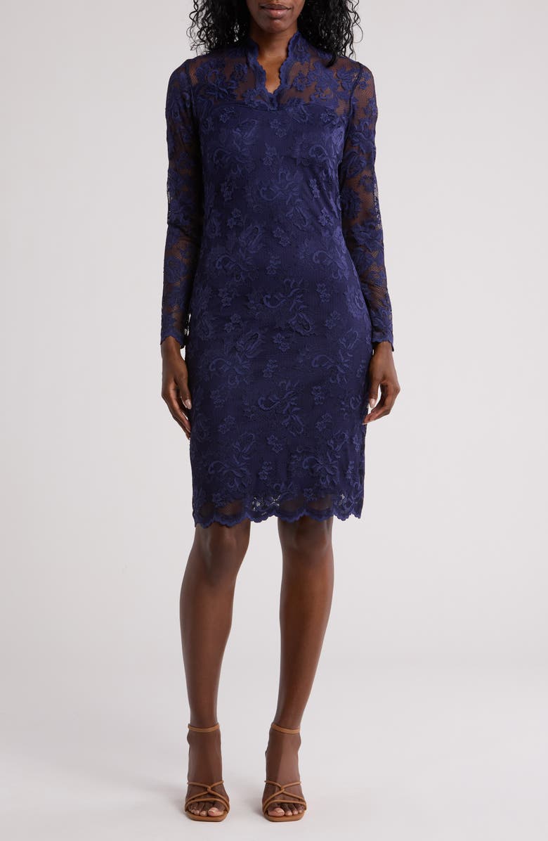 Marina Scallop Lace Long Sleeve Sheath Dress, Main, color, Navy