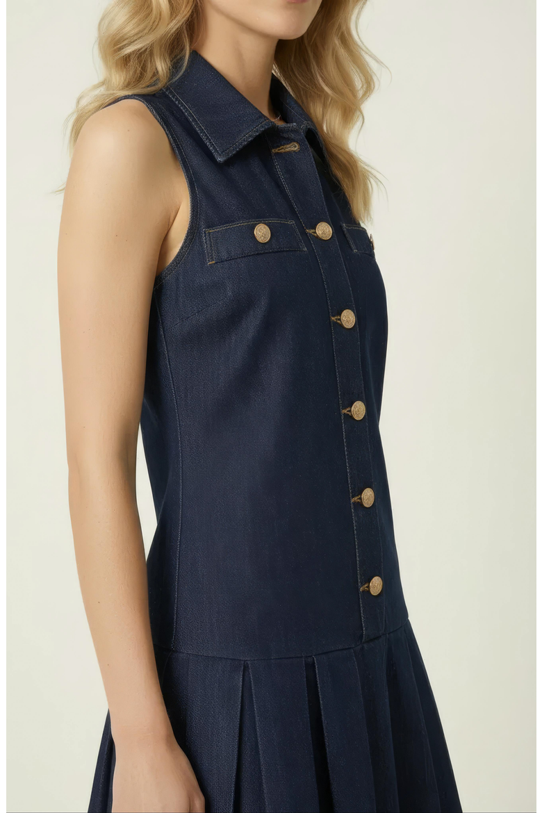 Sleeveless Denim Mini Dress with Pleated Hem, Alternate, color, Navy Blue