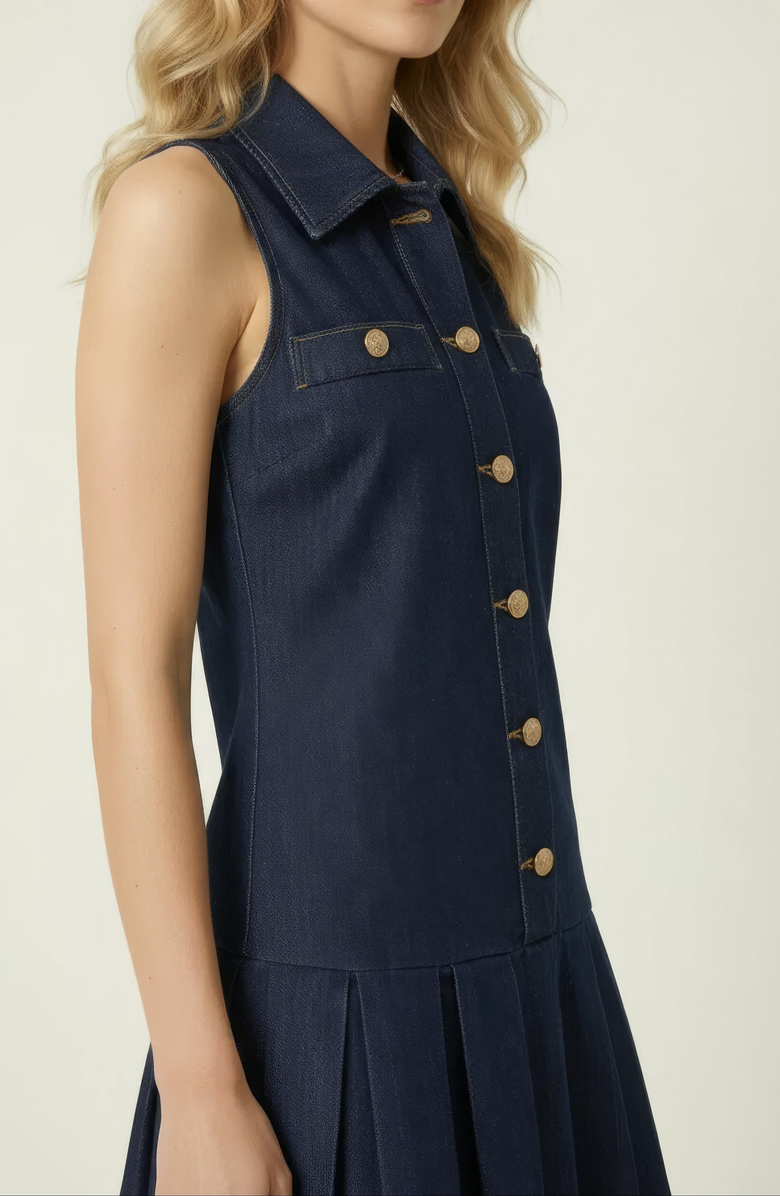 Modenaire Sleeveless Denim Mini Dress with Pleated Hem, Alternate, color, Navy Blue