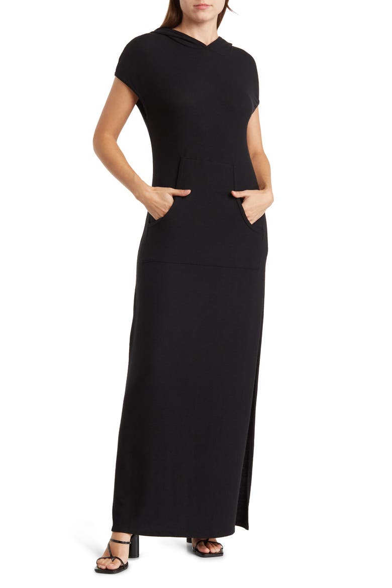 Short Sleeve Hoodie Dress, Main, color, BLACK