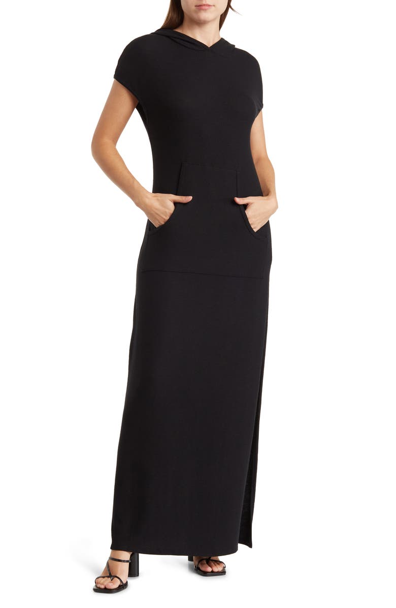 GO COUTURE Short Sleeve Hoodie Dress, Main, color, Black