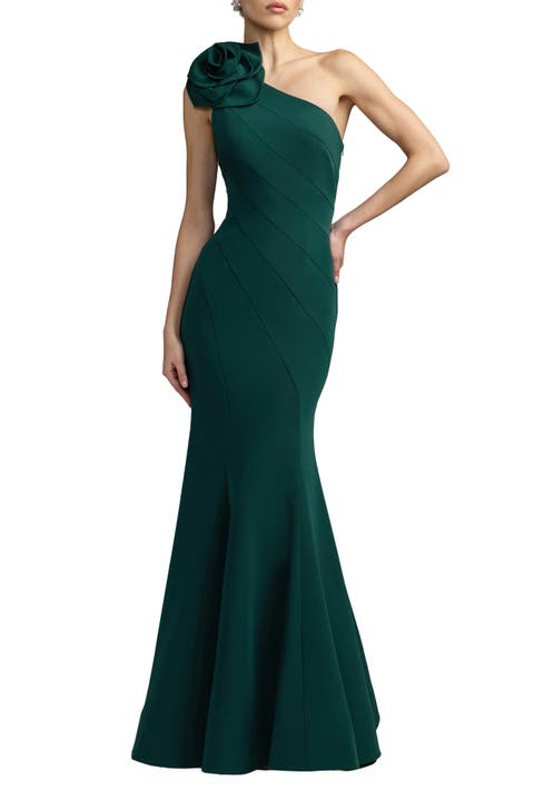 Crepe One Shoulder 3D Flower Mermaid Gown