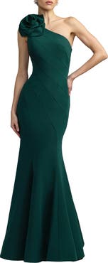 Mac Duggal Crepe One Shoulder 3D Flower Mermaid Gown