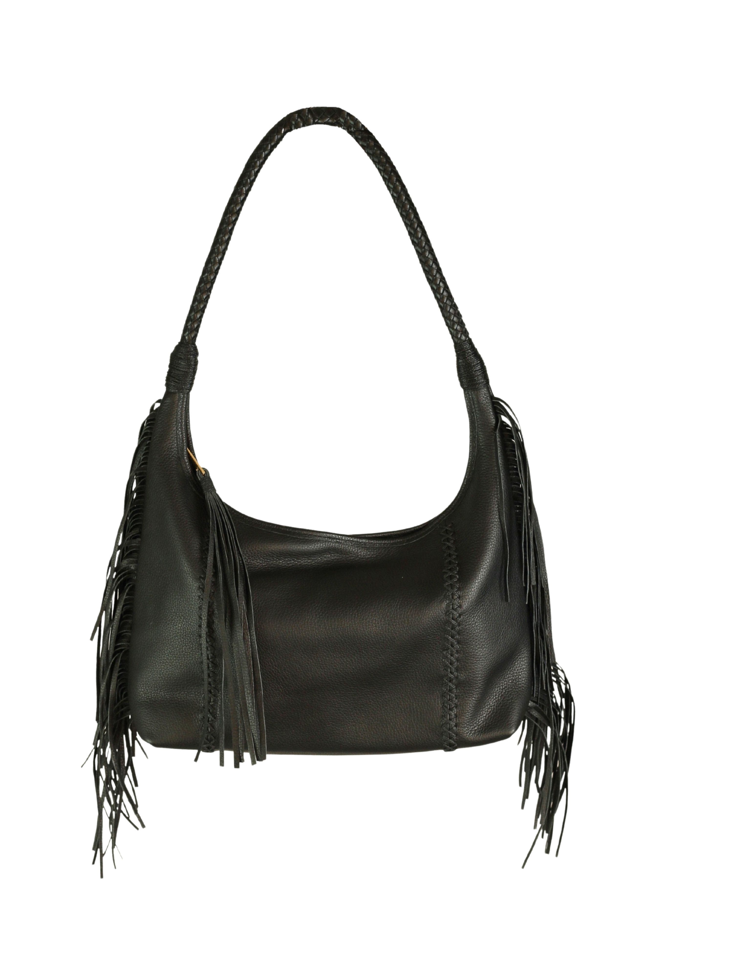 Carlos Falchi Large Fringe Top Grain Leather Hobo Shoulder Bag, Alternate, color, Black Obsidian