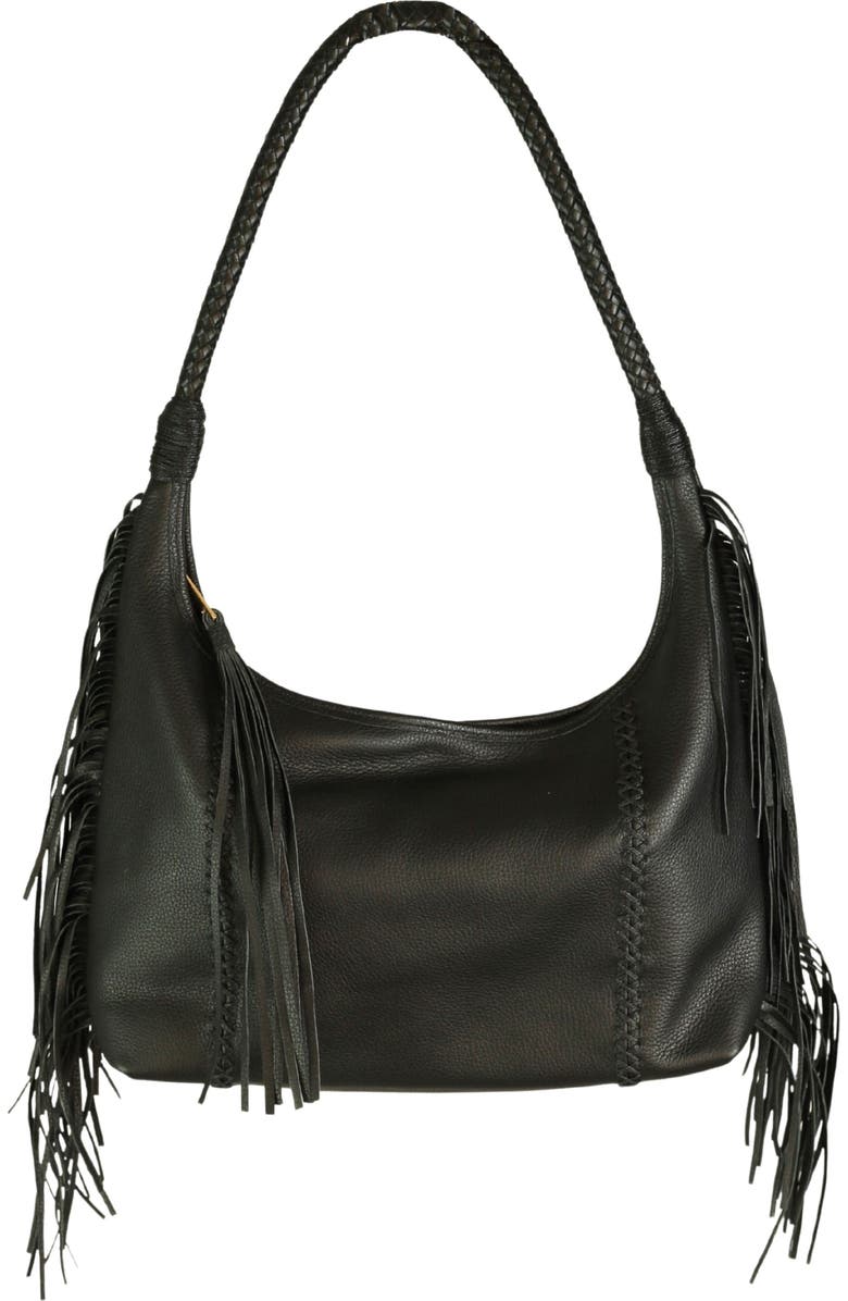Carlos Falchi Large Fringe Top Grain Leather Hobo Shoulder Bag, Alternate, color, Black Obsidian