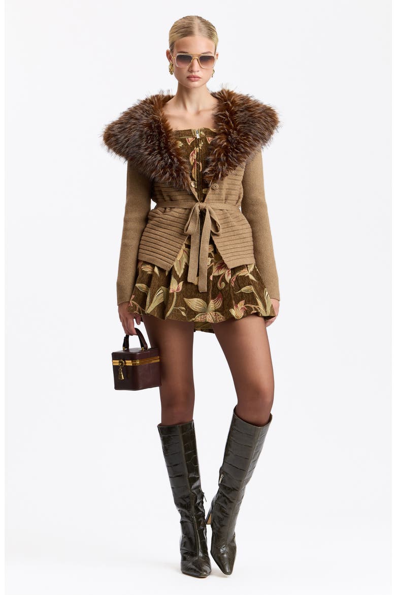 Faux Fur Collar Ribbed Cardigan, Alternate, color, CAMEL