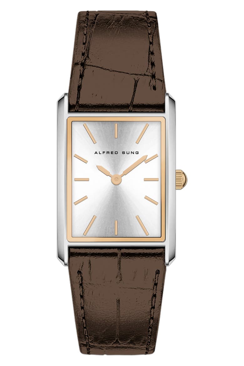 Horizon Rectangular Croc Embossed Leather Strap Watch, 37mm x 45mm, Main, color, BROWN STRAP/SILVER DIAL