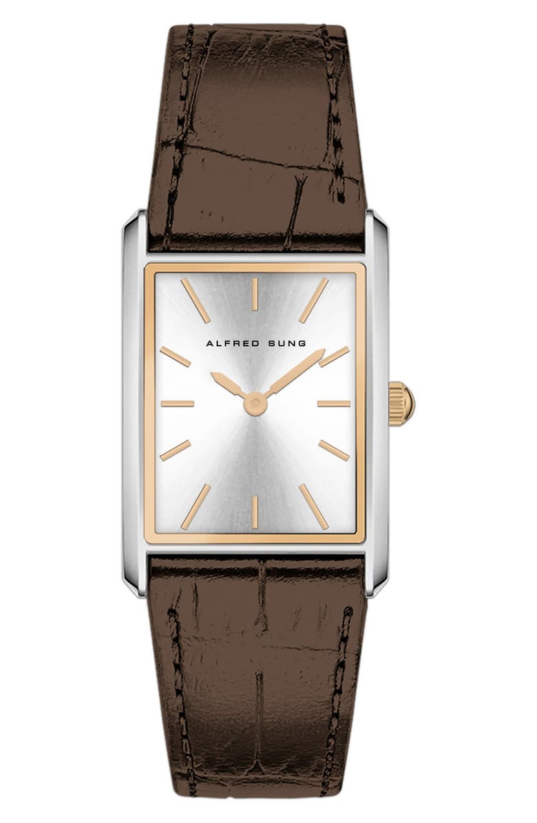 Alfred Sung Horizon Rectangular Croc Embossed Leather Strap Watch, 37mm x 45mm, Main, color, Brown Strap/Silver Dial