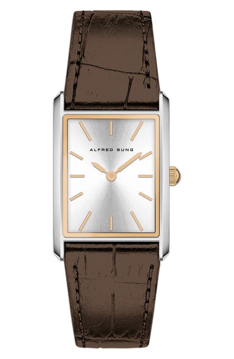 Horizon Rectangular Croc Embossed Leather Strap Watch, 37mm x 45mm