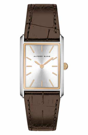 Alfred Sung Horizon Rectangular Croc Embossed Leather Strap Watch, 37mm x 45mm