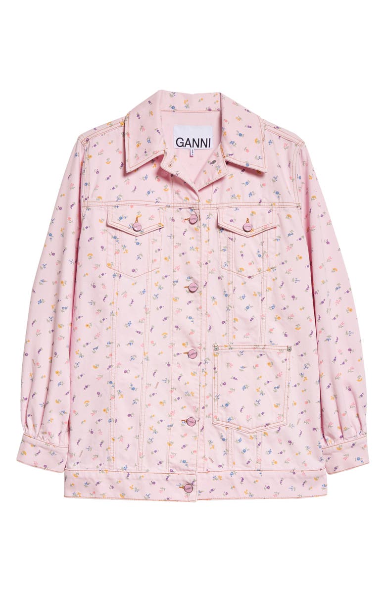 Ganni Floral Oversize Organic Cotton Denim Trucker Jacket, Alternate, color, 