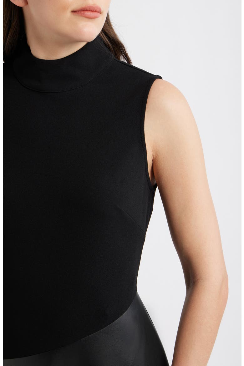 Mixed Media Asymmetric Mock Neck Midi Dress, Alternate, color, BLACK/ BLACK
