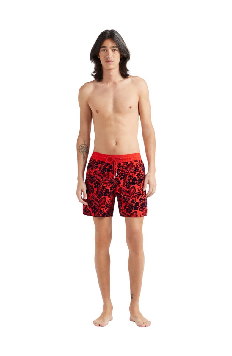 Vilebrequin Men's Flowers Flocked Swim Shorts, Main, color, Coquelicot