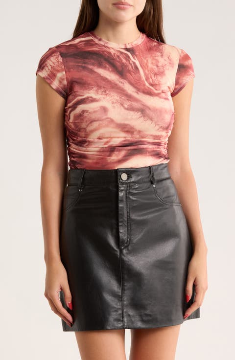 Lacey Cap Sleeve Ruched Mesh Top