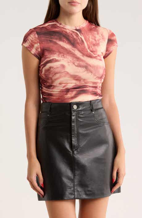 AFRM LOS ANGELES Lacey Cap Sleeve Ruched Mesh Top