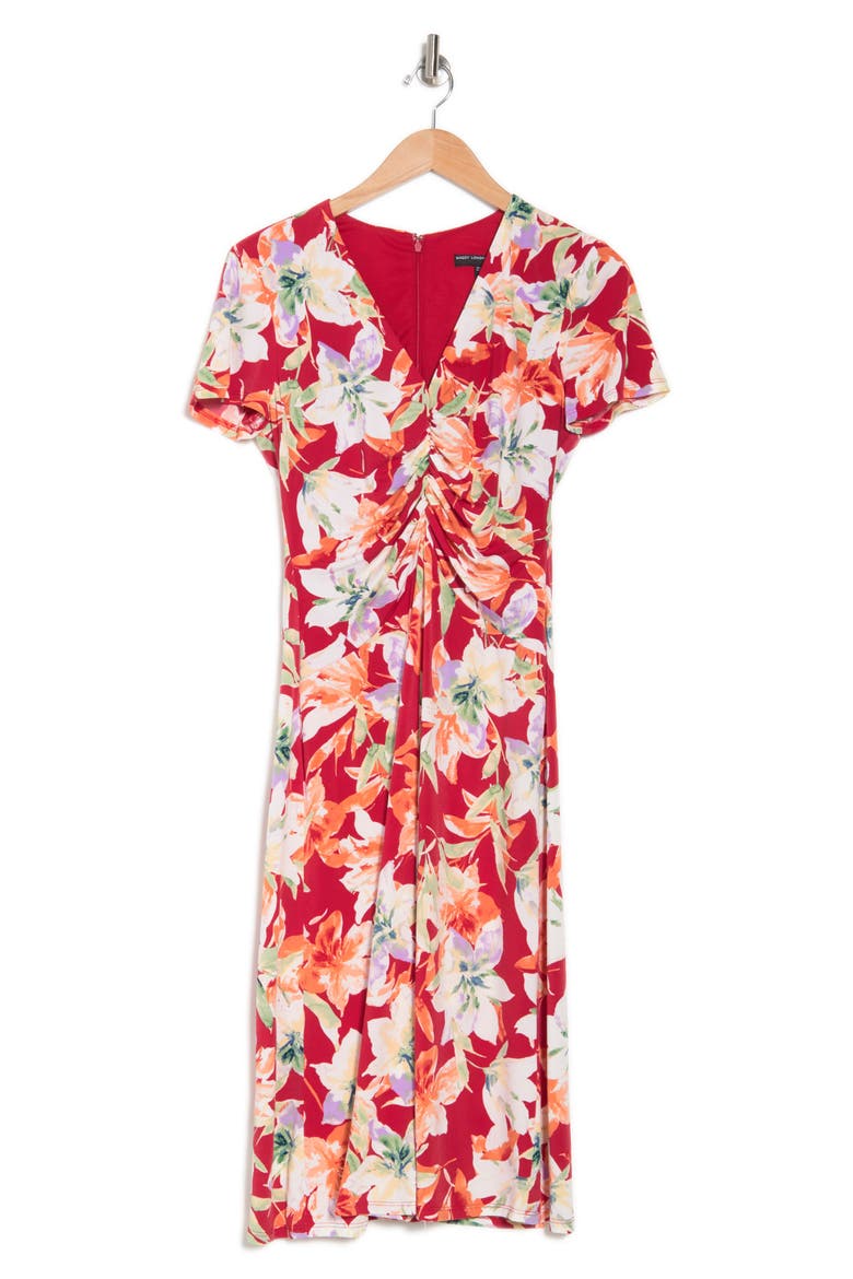 Floral Short Sleeve Ruched Midi Dress, Alternate, color, RED/ APRICOT