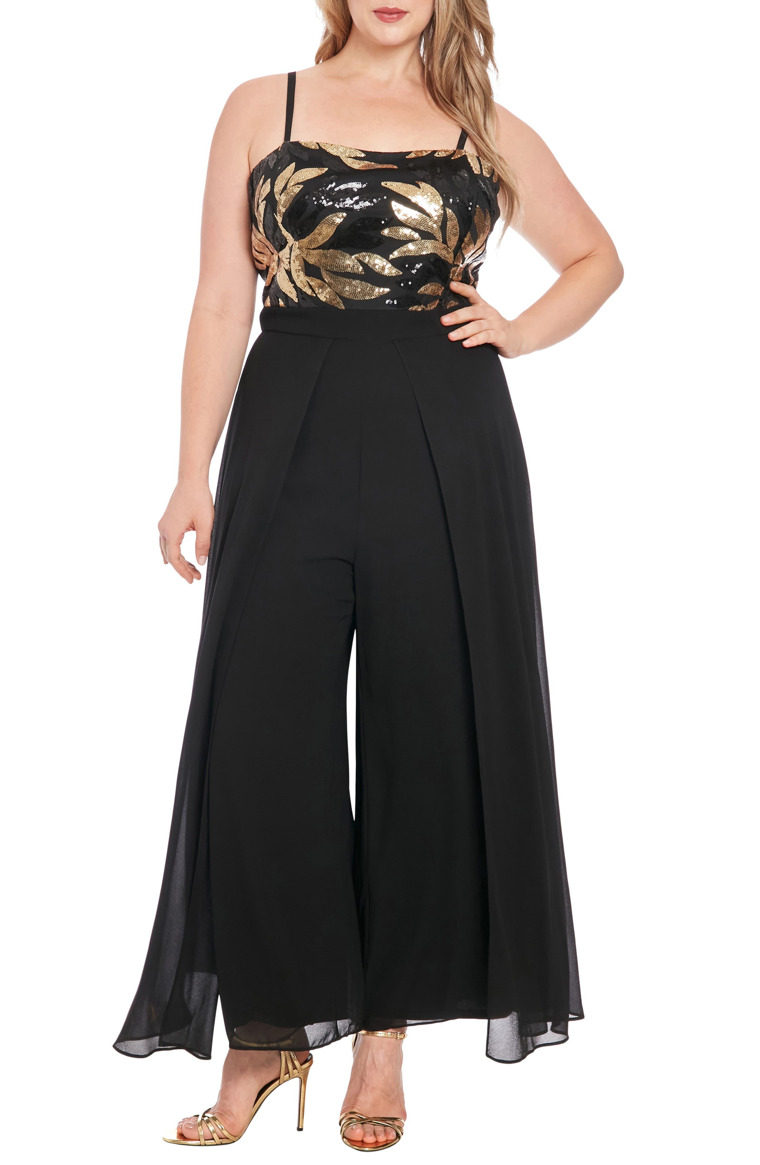 London Times Sequin Combo Overlay Wide Leg Jumpsuit