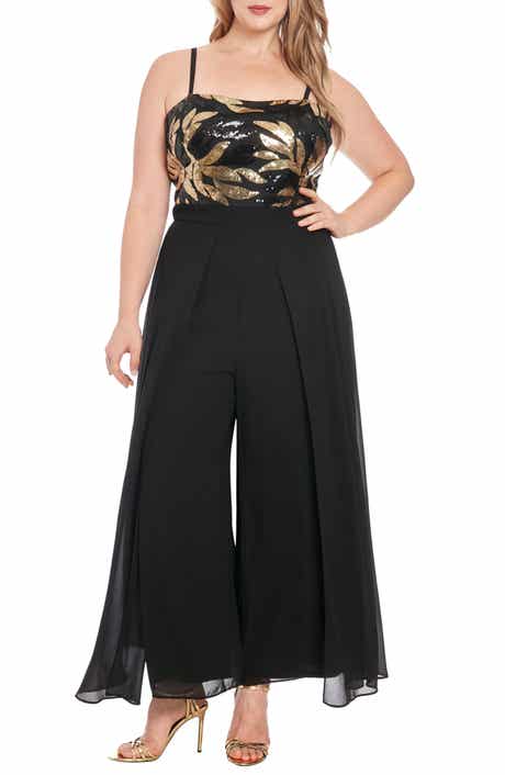 London Times Sequin Combo Overlay Wide Leg Jumpsuit