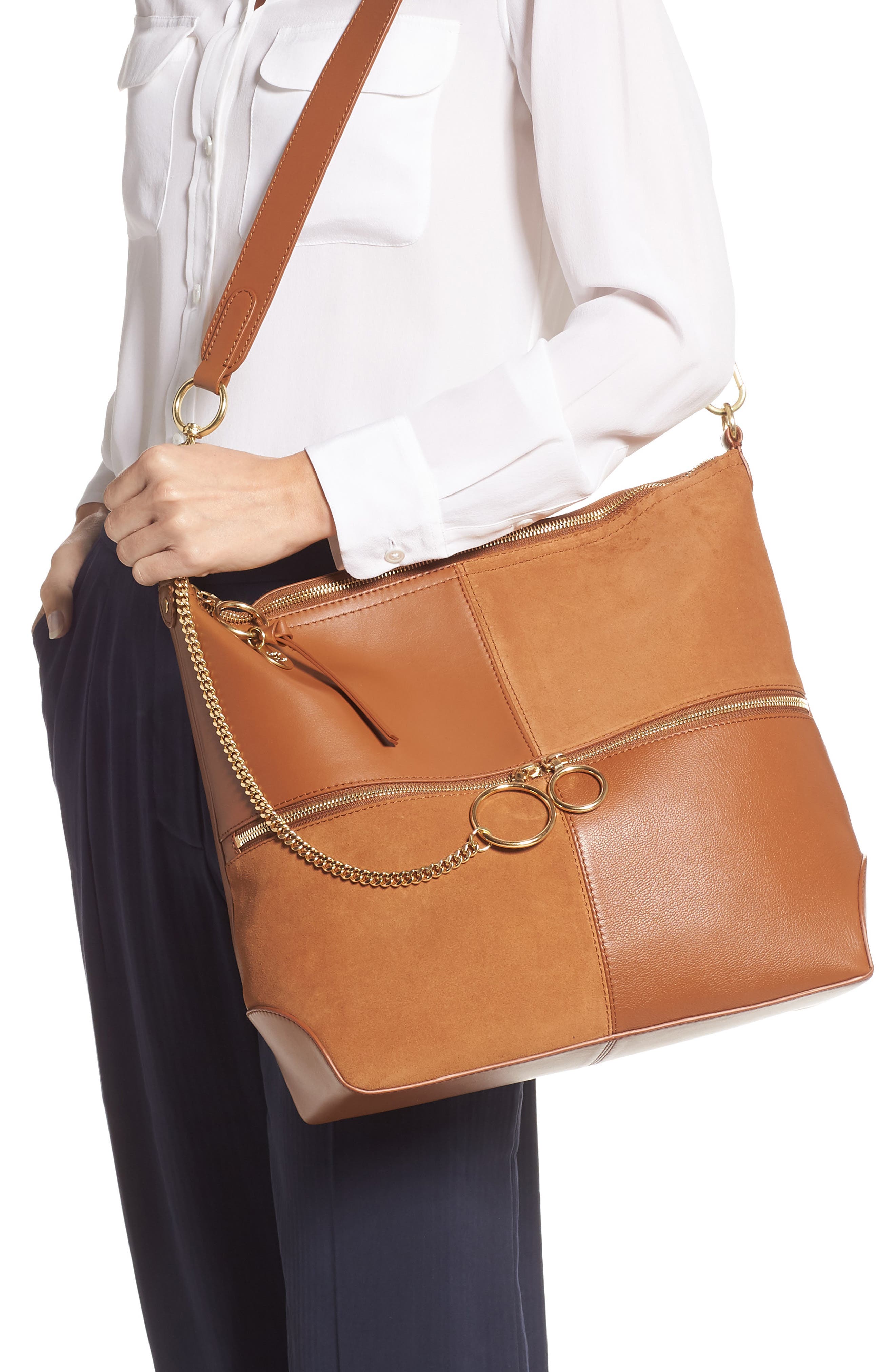Emy Suede & Leather Satchel, Alternate, color, CARAMELLO