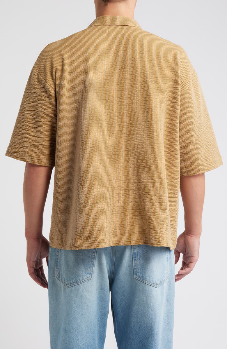 Topman Pinstripe Knit Cotton Blend Camp Shirt, Alternate, color, Mustard