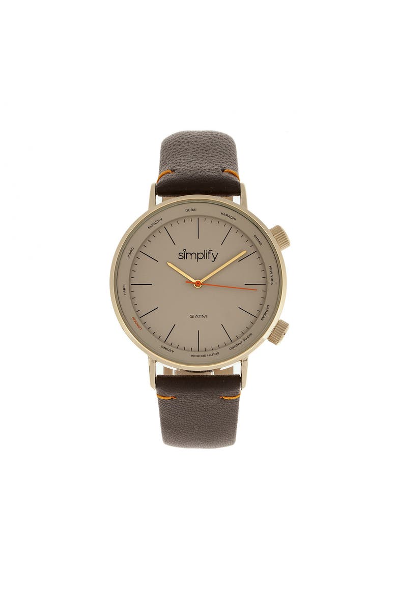 The 3300 Leather-Band Watch, Main, color, Dark Brown/Gold