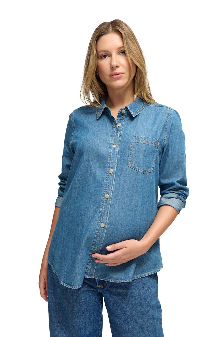 Maternity Denim Button Down, Alternate, color, Med Wash
