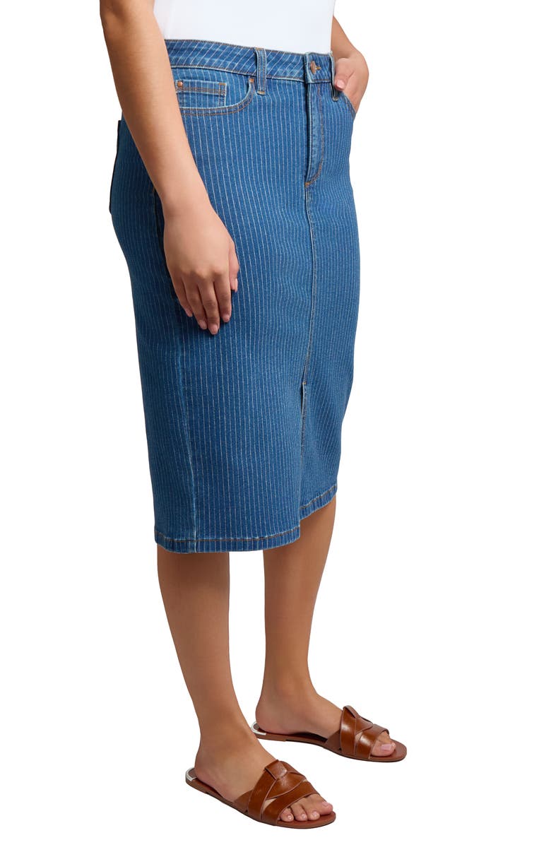 Jones New York Pinstripe Slit Front Denim Midi Skirt, Alternate, color,