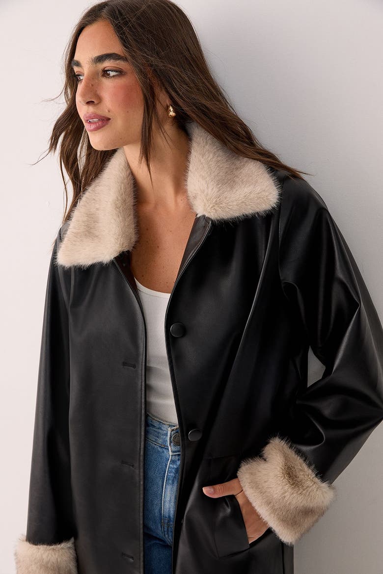 Faux Leather Longline Fur Trim Coat, Alternate, color, Black