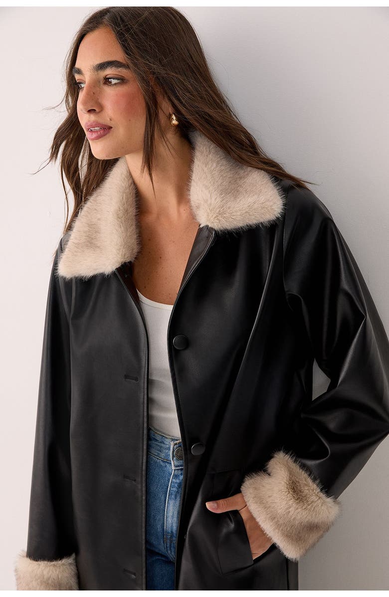 NASTY GAL Faux Leather Longline Fur Trim Coat, Alternate, color, Black