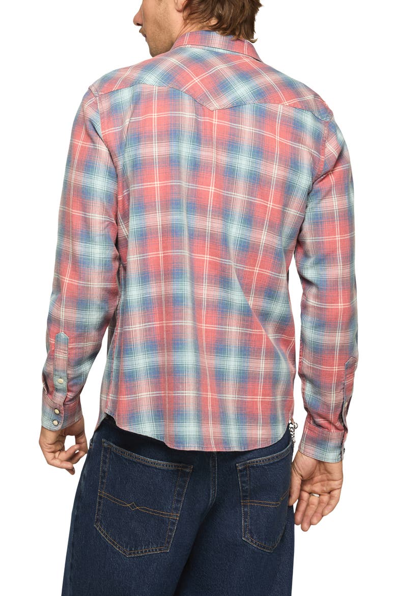 Plaid Flannel Acid Wash Western Shirt, Alternate, color, RUST MULTI