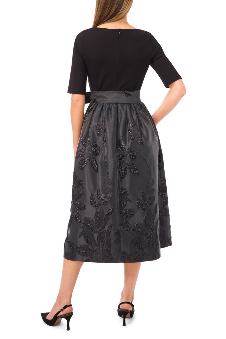 Jesse Metallic Floral Mixed Media Midi Dress, Alternate, color, RICH BLACK