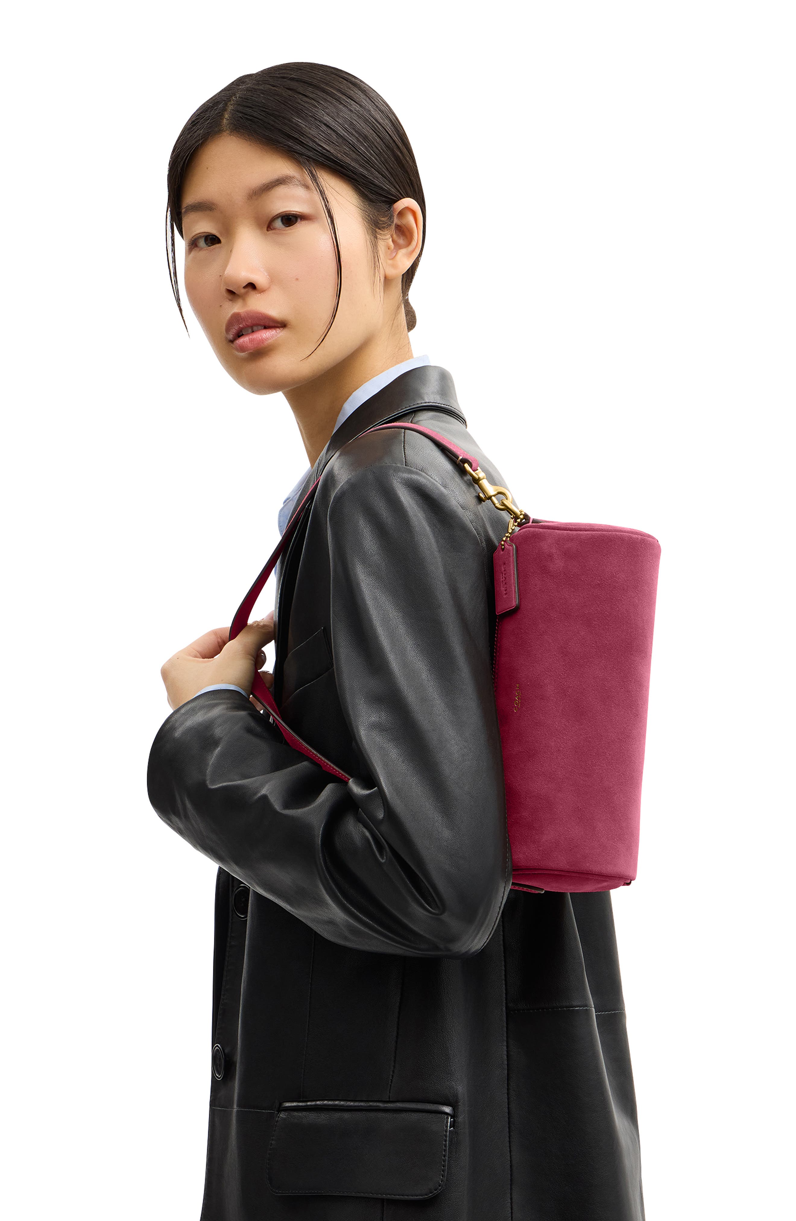 Suede Barrel Bag, Alternate, color, DARK FUCHSIA