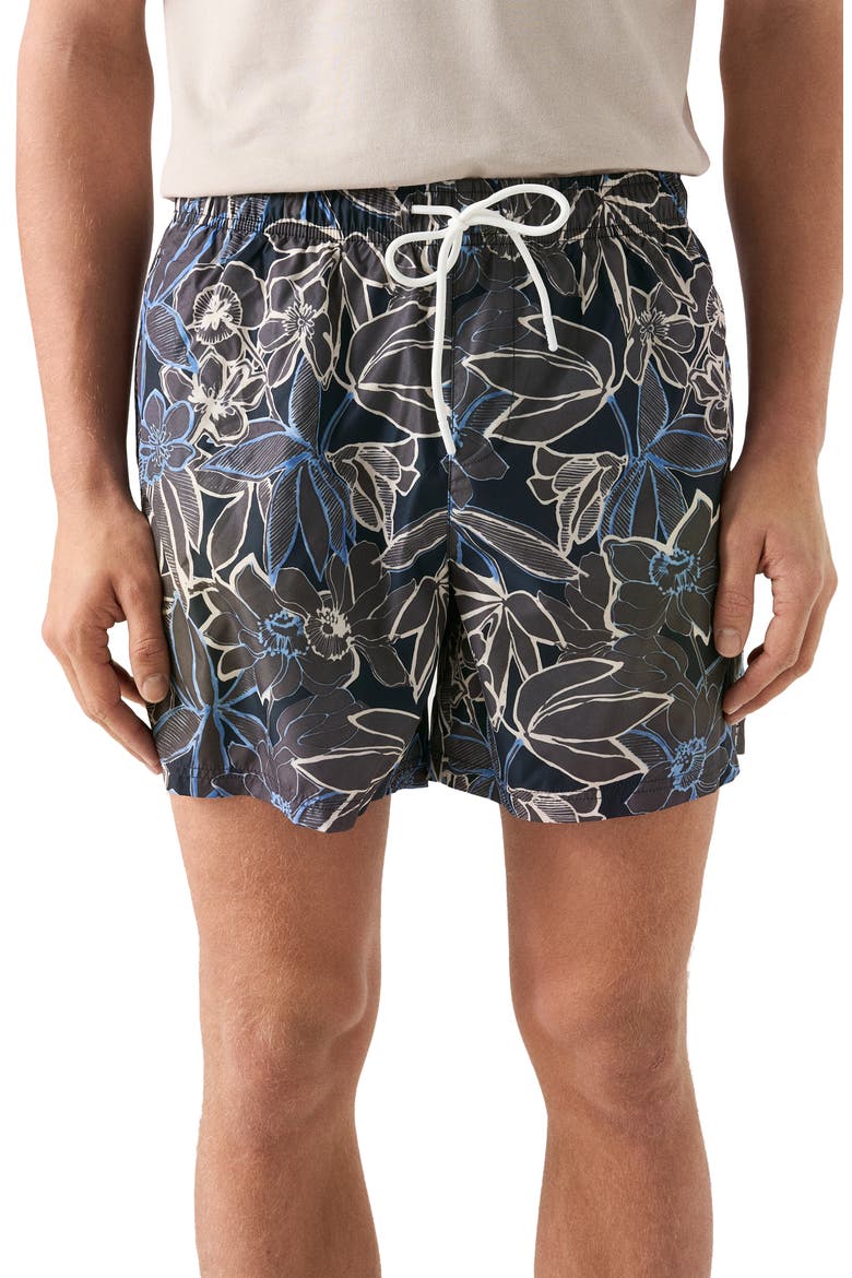Floral Print Swim Trunks, Main, color, NAVY BLUE