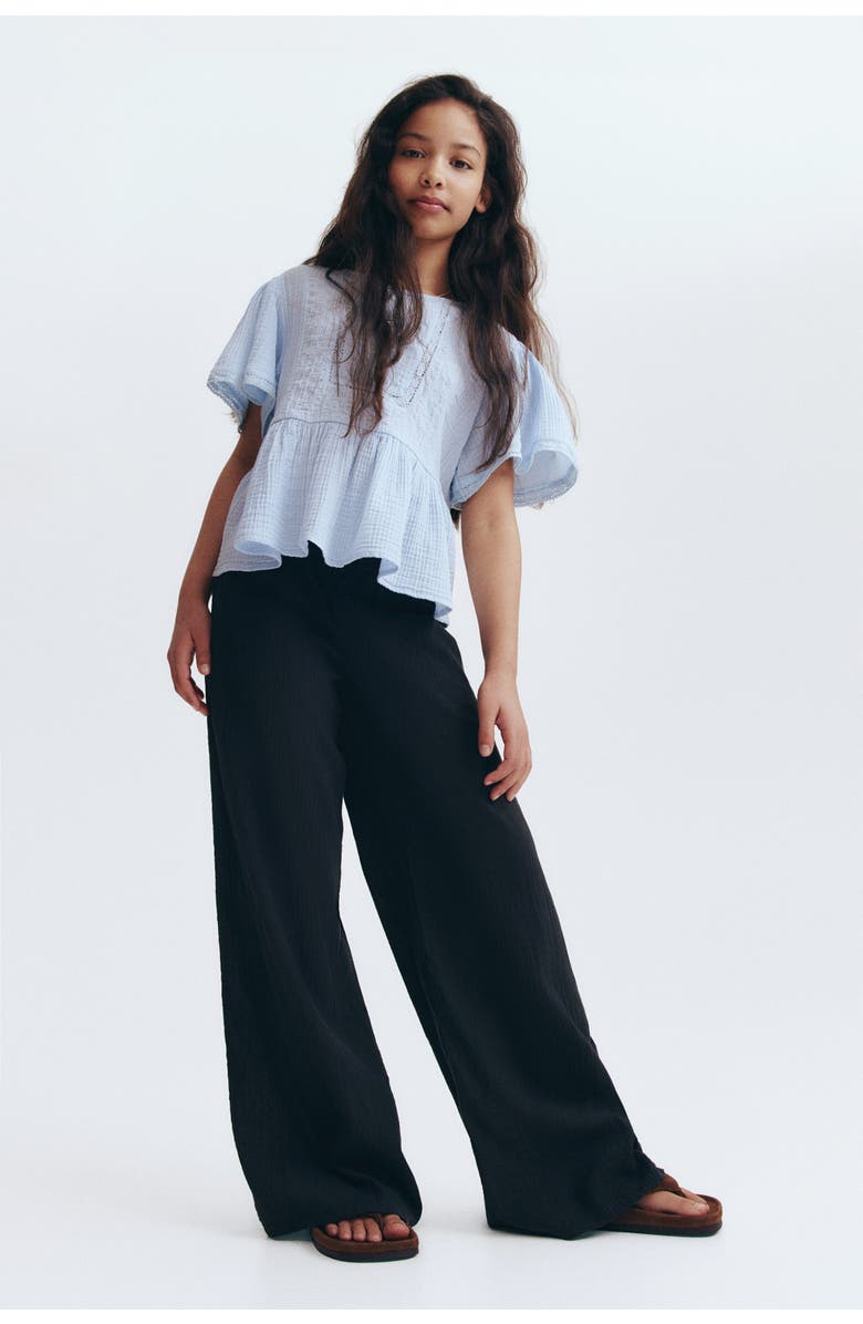 H&M Crinkled Cotton Trousers, Alternate, color, Black