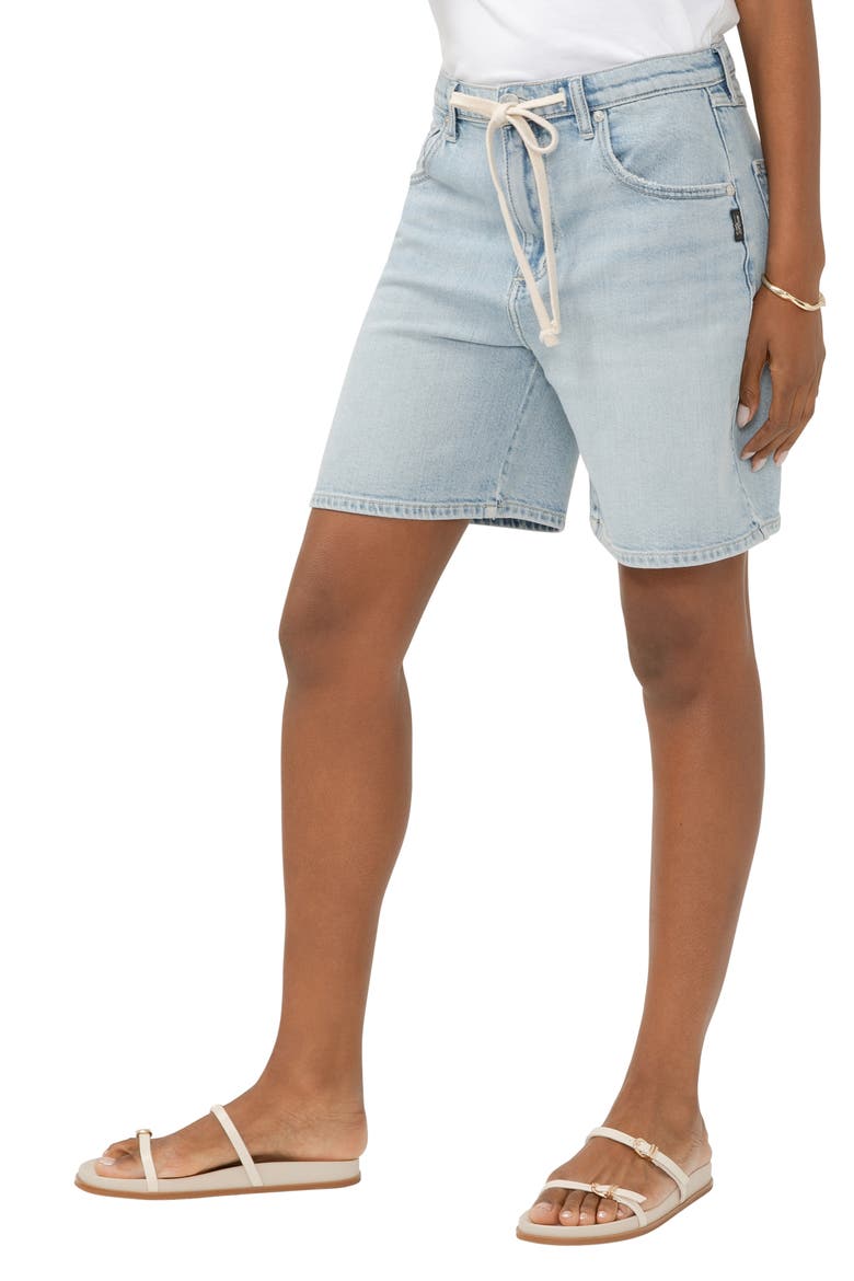 Be Easy Drawstring High Waist Long Denim Shorts, Alternate, color, INDIGO
