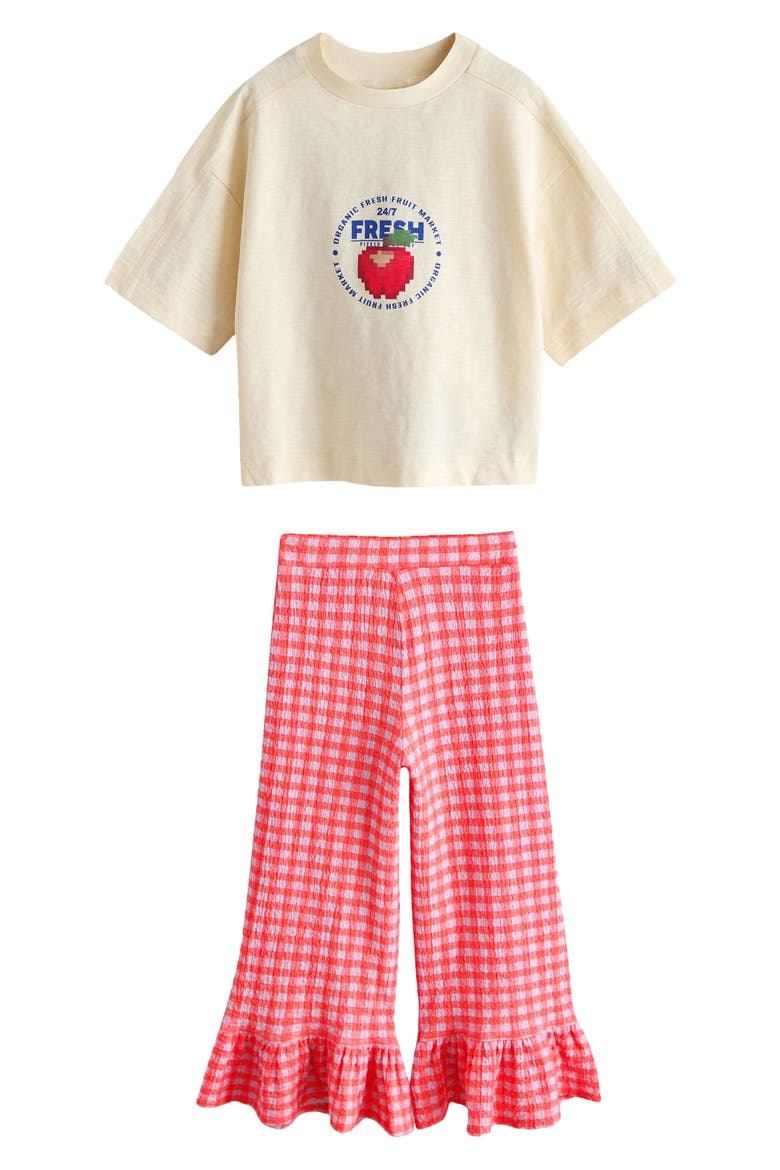 Kids' Graphic T-Shirt & Frill Check Pants, Main, color, PINK