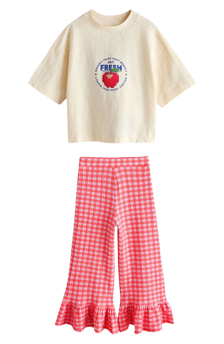 NEXT Kids' Graphic T-Shirt & Frill Check Pants, Main, color, Pink