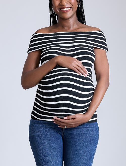 Motherhood Maternity Rib Knit Short Sleeve Off The Shoulder Top In Black & White Stripe