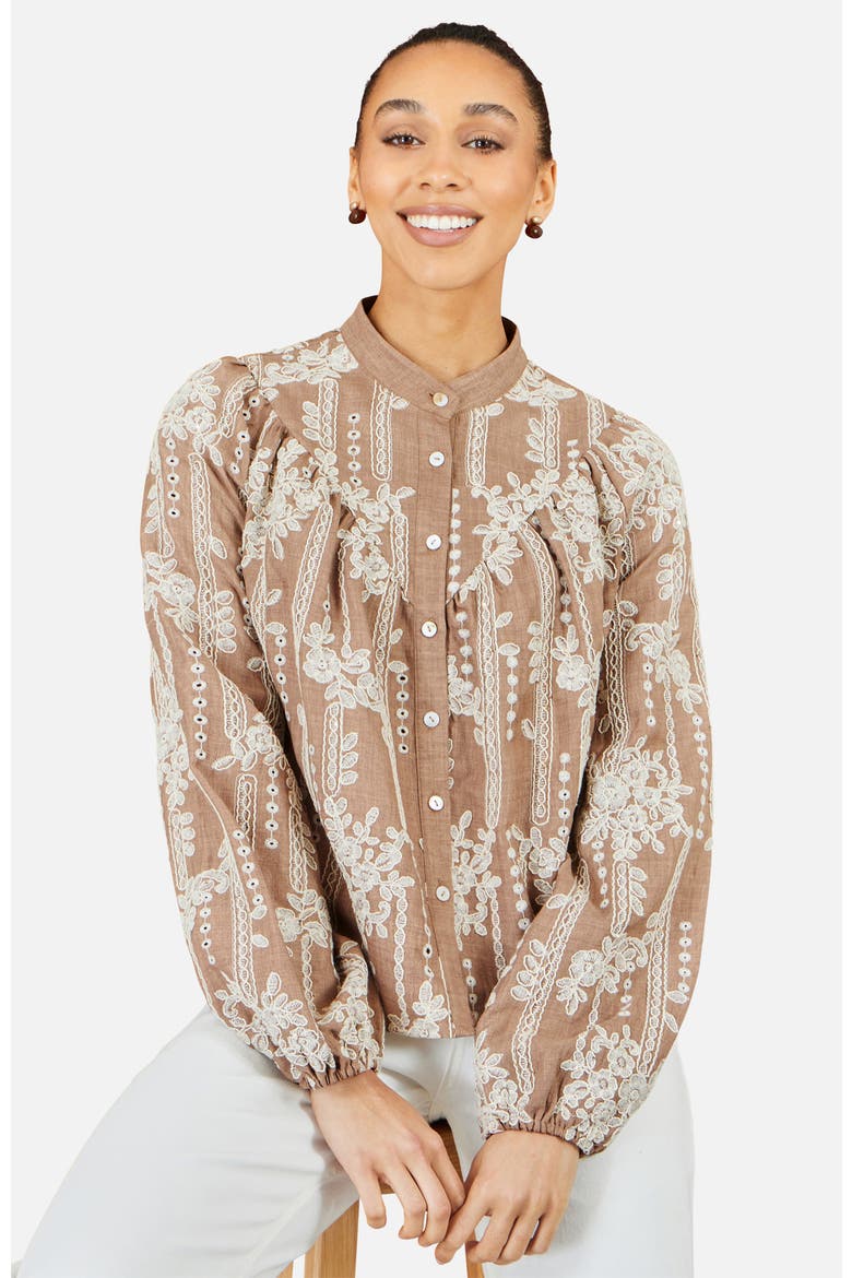 Embroidered Floral Relaxed Shirt, Main, color, Brown