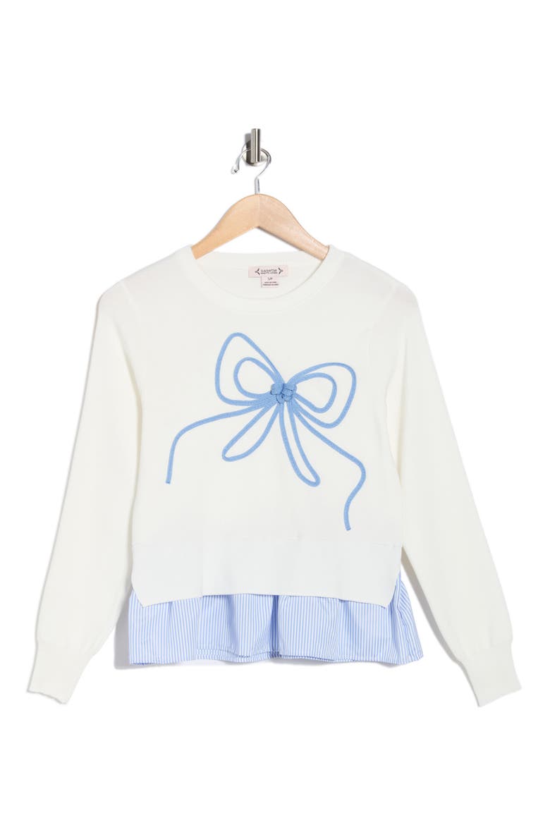 Soutache Bow Twofer Sweater, Alternate, color, CANNOLI CREAM/ BLUE