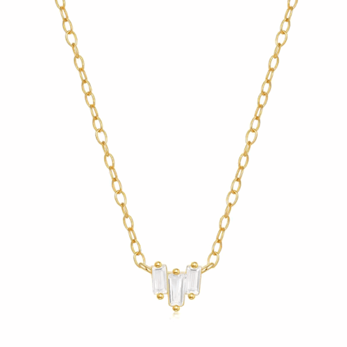 Hollywood Sensation Starling Dainty Necklace With Three Emerald Cut Cubic Zirconia Stones In Gold