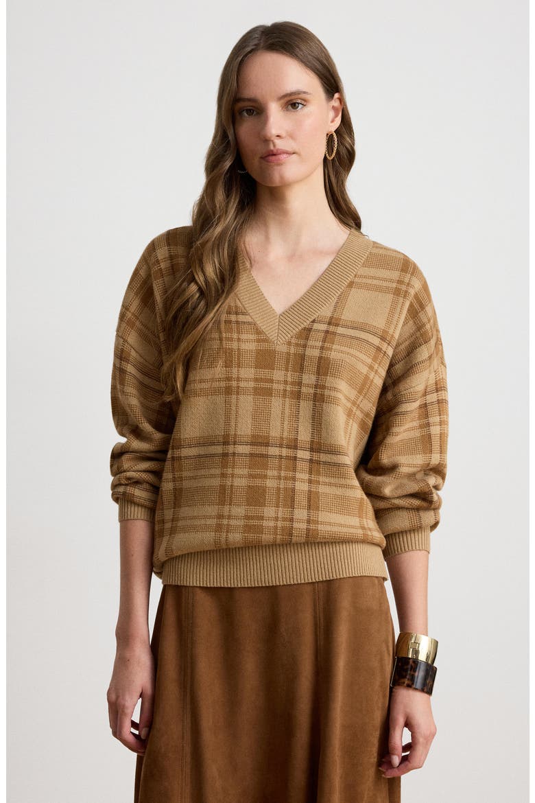 Plaid V-Neck Sweater, Alternate, color, CAMEL BEIGE