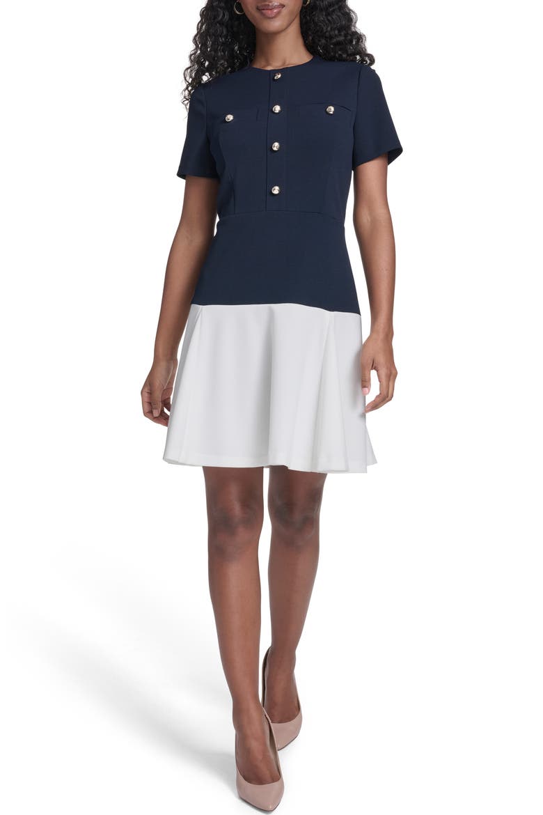 Colorblocked Scuba Crepe Dress, Main, color, SKY CAPTAIN/ WHITE