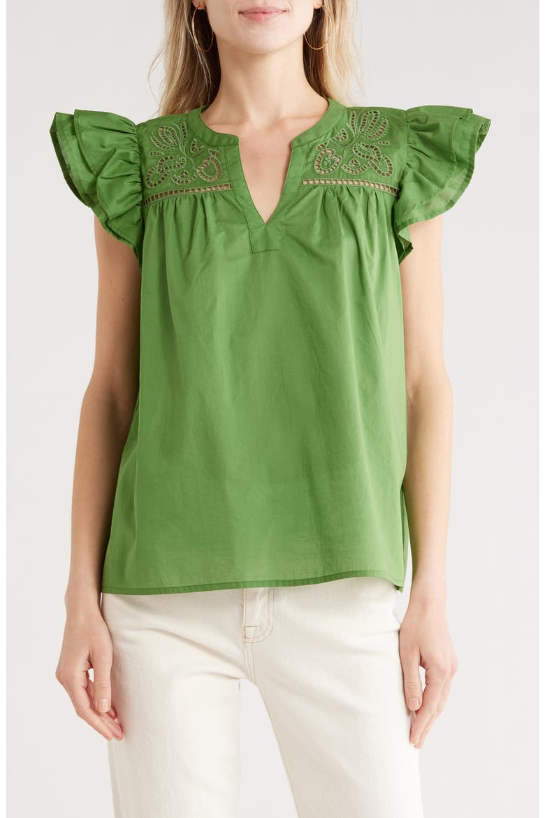 Short Sleeve Eyelet Top, Main, color, GREEN WILLOW