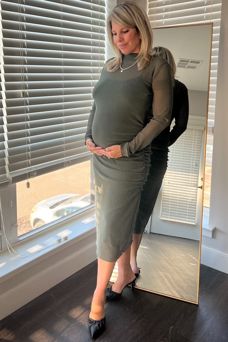 Shimmer Mesh Long Sleeve Ruched Midi Dress, Alternate, color, Olive Green