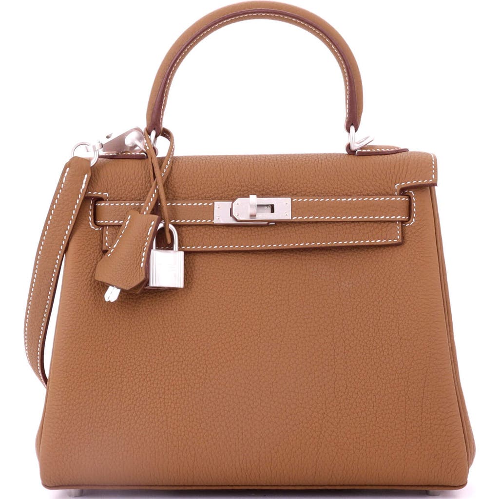 Pre-owned Hermes Hermes Kelly Handbag Brown Togo With Brushed Palladium Hardware 25 In Gold