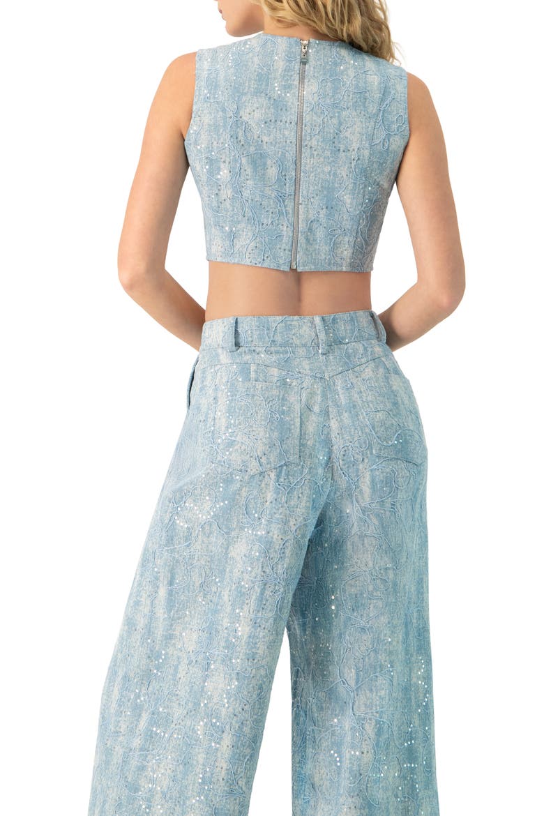 Sleeveless Embroidered Denim Crop Top, Alternate, color, Blue