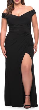 La Femme Matte Jersey Long Plus Dress with Ruching and Slit