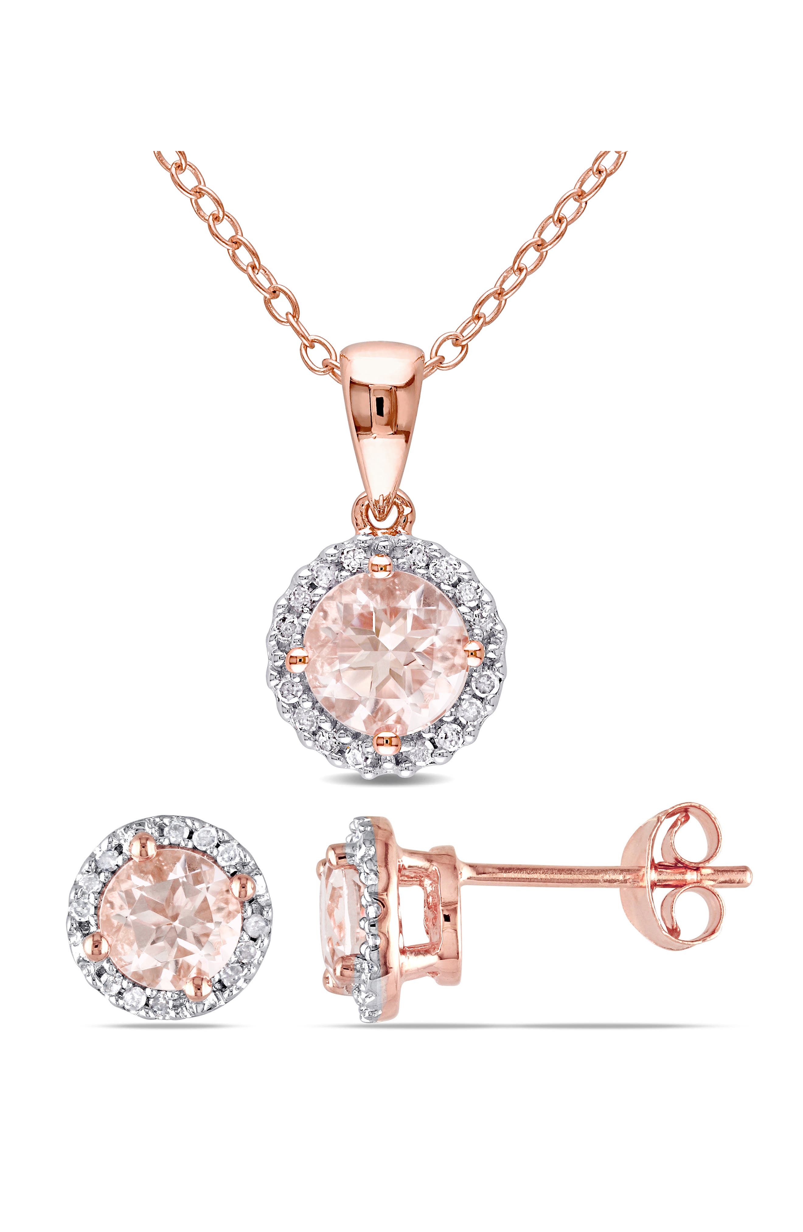 DELMAR Morganite & Diamond Halo Pendant Necklace & Stud Earrings Set