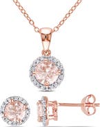 DELMAR Morganite & Diamond Halo Pendant Necklace & Stud Earrings Set